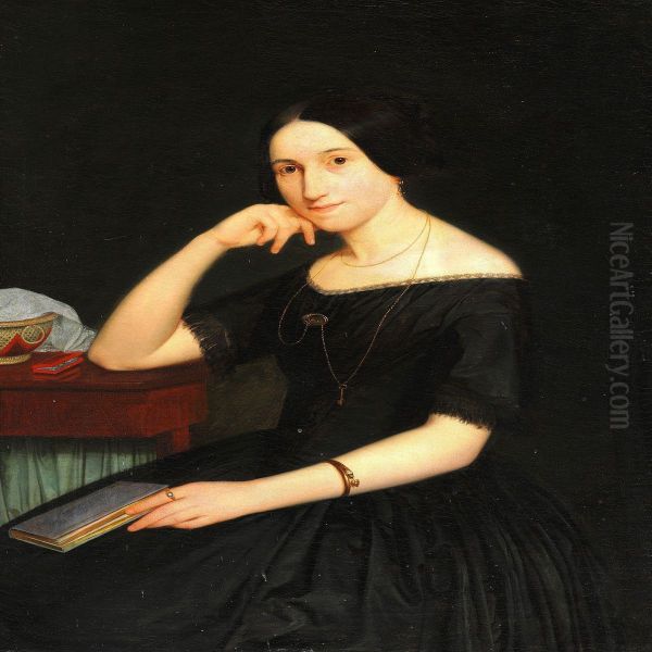 Lady Moltke In A Black Dress At A Table Oil Painting by Julius Exner