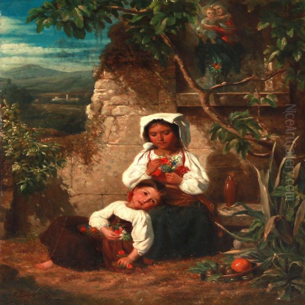 Italian Landscape With Two Little Girls With Bunches Of Flowers At A Roadside Altar Oil Painting by Carl Gottfried Eybe