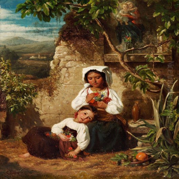 Italian Landscape With Two Little Girls With Bunches Offlowers At A Roadside Altar Oil Painting by Carl Gottfried Eybe