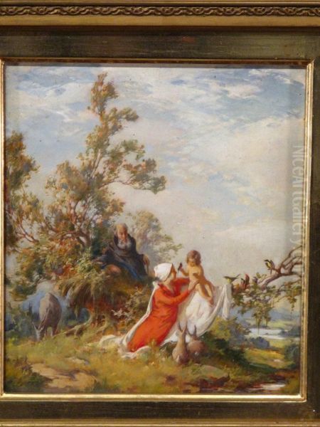 Ruhe Auf Der Flucht, Mit Tieren.unten Links Oil Painting by Gustav Eyer