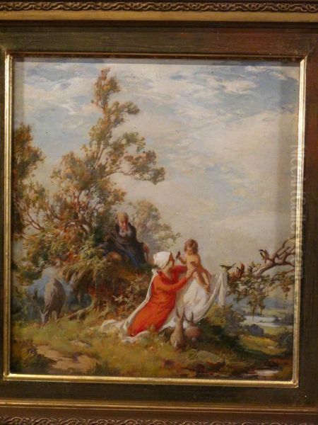 Ruhe Auf Der Flucht, Mit Tieren. Oil Painting by Gustav Eyer