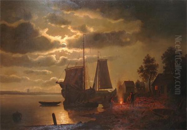 Evening With Figures Before A Fire, Beside A River With Sailing Boats Oil Painting by Arnoldus Johannes Eymer