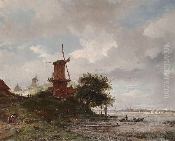 Estuary Scene With Figures Walking Beside The Shore, Windmills Beyond Oil Painting by Arnoldus Johannes Eymer