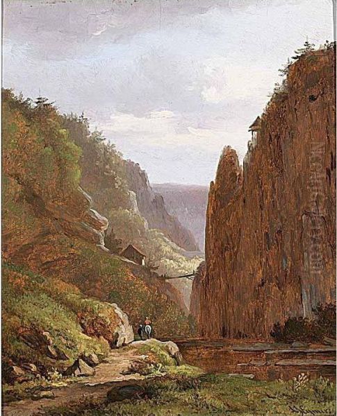 Travellers In A Mountainous Landscape Oil Painting by Arnoldus Johannes Eymer