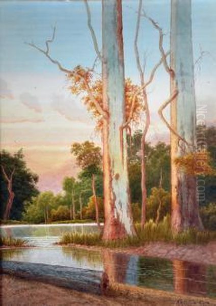 River Scene With Redgums Oil Painting by Gladstone Eyre