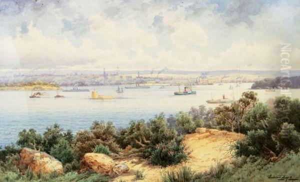 Sydney Harbour From The North Shore Looking Towards The City Skyline Oil Painting by Gladstone Eyre