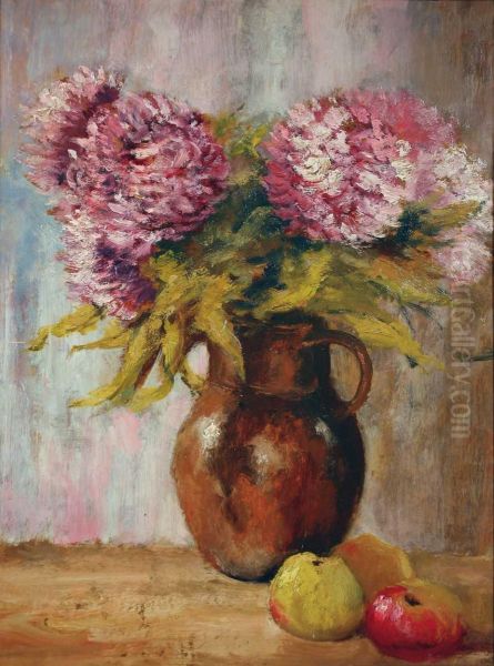 Stillleben Mit Dahlien In Einem Krug Und Apfeln. Oil Painting by Louis Eysen