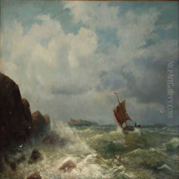 Rocky Coast With A Sailboat In High Waves Oil Painting by Friedrich Wilhelm Fabarius