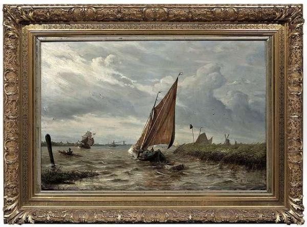 Dutch River Landscape With Numerous Boats Oil Painting by Friedrich Wilhelm Fabarius