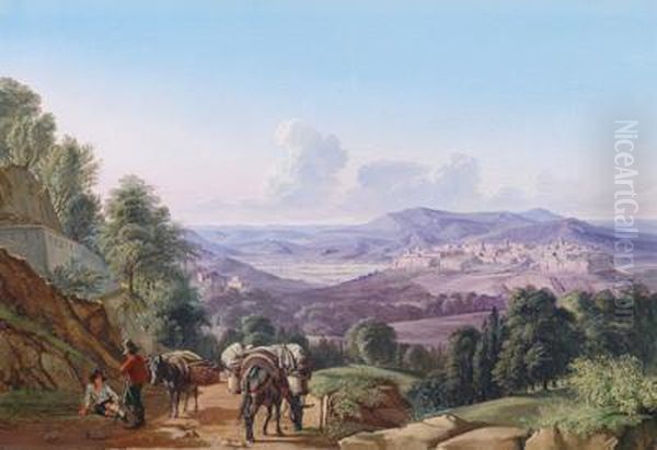 Eine Ansicht Von Orvieto Von Sudwesten Mit Rastenden Reisenden Im Vordergrund Oil Painting by Johann Faber