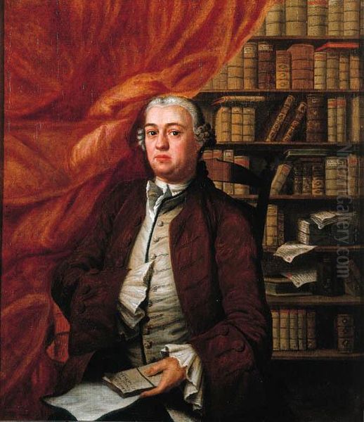 Portrait Of A Gentleman, Possibly A Self-portrait Of The Artist,standing Small Three Quarter Length In A Library By A Curtain,wearing A Beige Waistcoat With Lace Chemise, Brown Jacket And Wig,holding A Document In His Left Hand Oil Painting by Johann Herman Faber