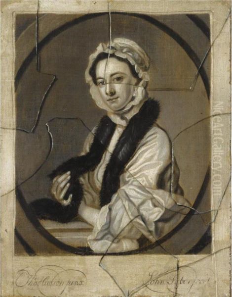 An Engraved Female Portrait After Thomas Hudson Seen Behind Broken Glass Oil Painting by John Ii Faber