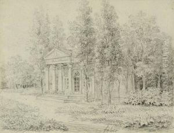 Pavillon In
 Parklandschaft. Oil Painting by Karl Gottfried Traugott Faber