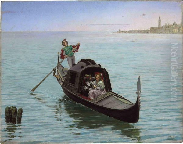 A Romantic Gondola Ride In Venice Oil Painting by Antonio Maria Fabres Y Costa