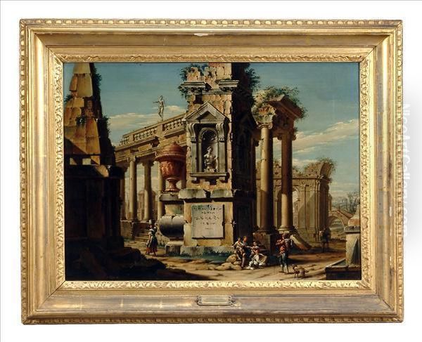 Figures Among Roman Ruins Oil Painting by Jacopo Fabris Venice