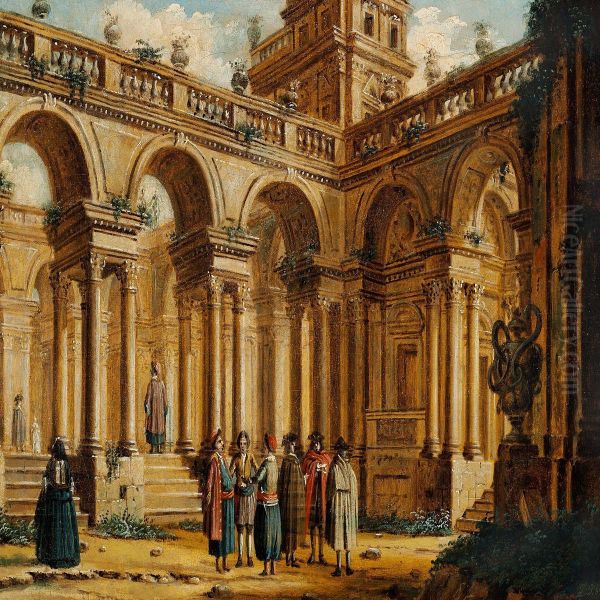 Elegant People In Front Of An Old Palace Oil Painting by Jacopo Fabris Venice