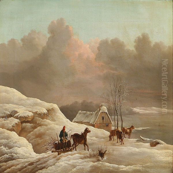 Winter Landscape With A Man Driving Wood On A Carriage Oil Painting by Frederik Michael E. Fabritius De Tengnagel