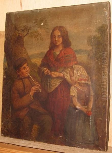 Children Before A Landscape Oil Painting by Thomas Faed