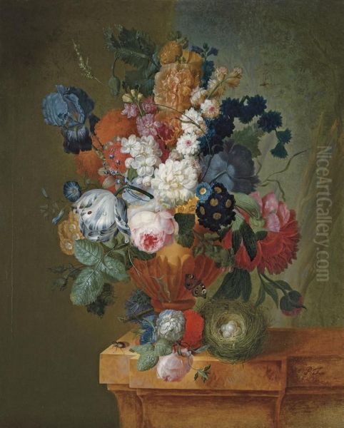 A Tulip, An Iris, Roses, Chrysanthemums, Polyanthas And Other Flowers In A Sculpted Urn Oil Painting by Pieter Faes