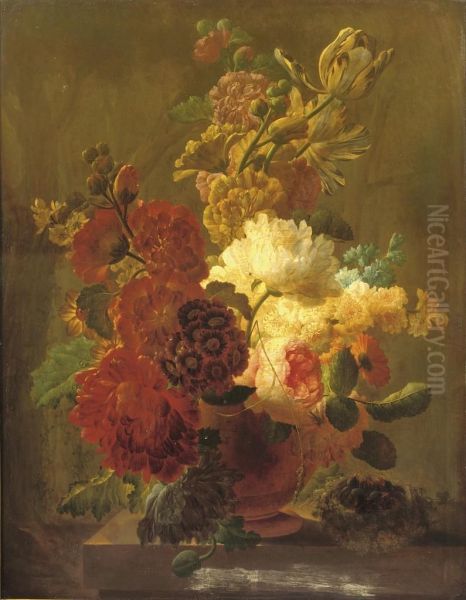 Roses, Tulips, Violets And Other Flowers In An Urn On A Stone Ledgewith A Bird's Nest Oil Painting by Pieter Faes