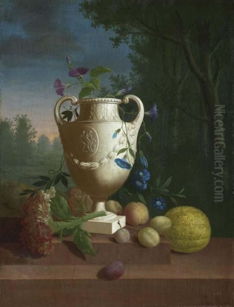 A Vase And Fruits On A Stone Ledge Before A Landscape Oil Painting by Pieter Faes