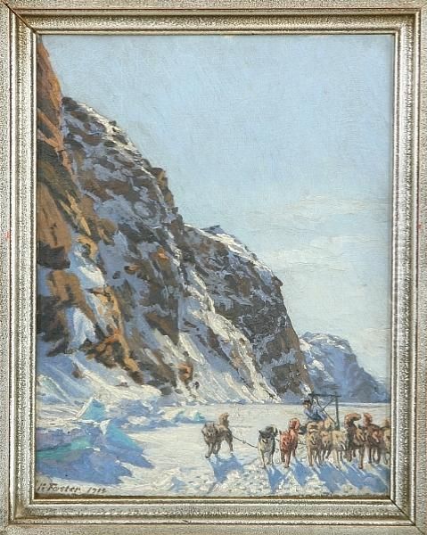 View From Greenland With Dog Sledge Oil Painting by Hans Julius Faester