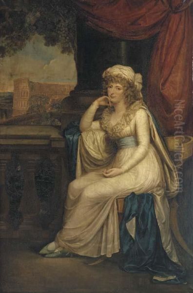 Portrait Of Lady Clifford, Full-length, Seated In A White Dresswith Blue Sash On A Klismos Chair On A Loggia Overlooking Thecolloseum Oil Painting by Robert Fagan