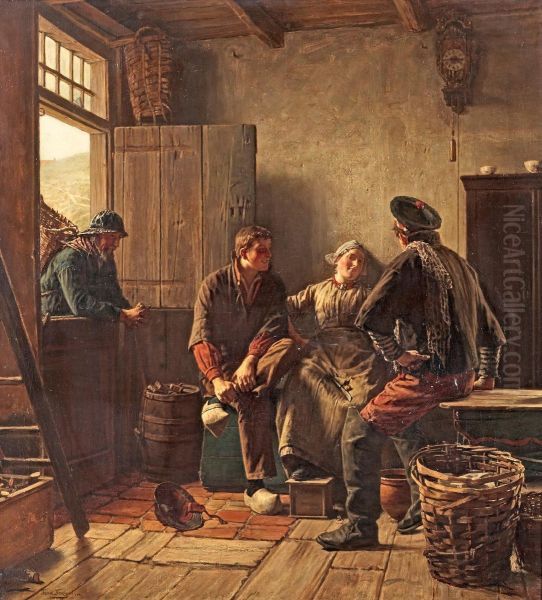 Family In A Fishing Cabin Oil Painting by Ferdinand Fagerlin