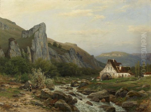 Muhle An Der Bergstrasse Oil Painting by Carl Ludwig Fahrbach