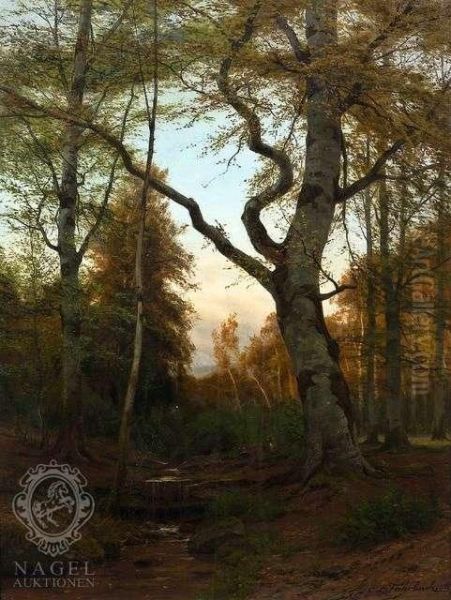 Woodsinside With Does At A Brook Oil Painting by Carl Ludwig Fahrbach