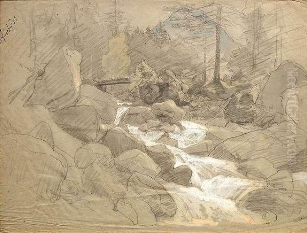 Mountaintorrent Oil Painting by Carl Ludwig Fahrbach