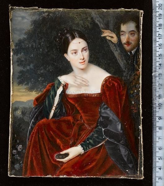 A Lady, Seated Beneath A Tree, Wearing Burgundy-coloured Velvet Dress With Embroidered Trim And White Lace Underslip, The Sleeves Turned Back To Reveal Dark Grey Lining And Green Under Sleeves Slashed To Reveal White, She Holds In Her Left Hand A Portrait Oil Painting by Guglielmo Faija