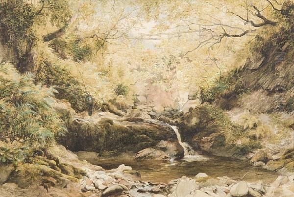 Fisherman Beside A Woodland Stream Oil Painting by Thomas Fairbairn