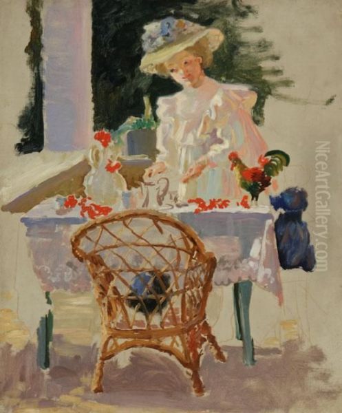 Woman Serving Tea Oil Painting by Mary Louise Fairchild