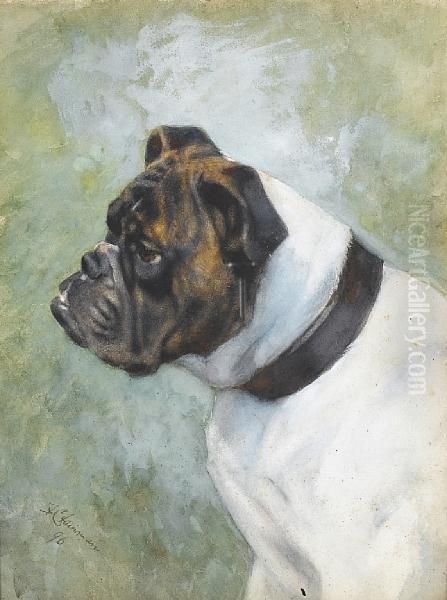 A Portrait Of A Brindle And White Bulldog Oil Painting by Frances C. Fairman