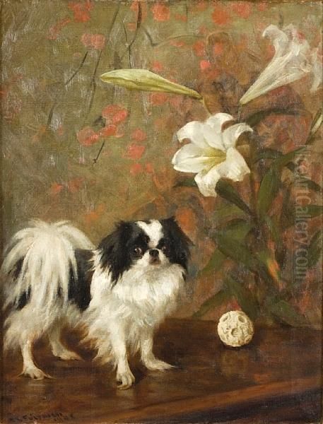 Japanese Chin On A Table Oil Painting by Frances C. Fairman