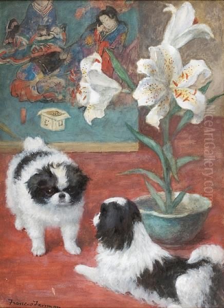 Two Japanese Chins In An Interior Oil Painting by Frances C. Fairman