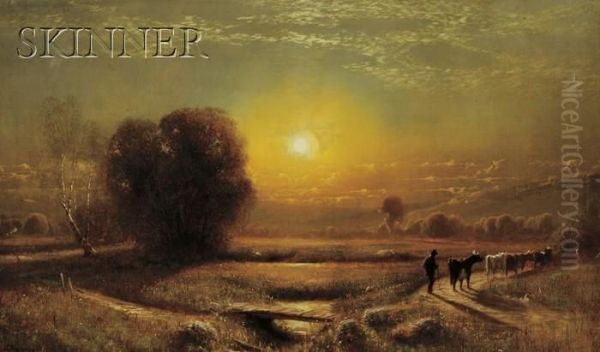 Sunset Landscape With Cows And Herder Oil Painting by James Fairman