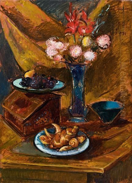 Blumen- Und Obststillleben Mit Weisgeback Oil Painting by Anton Faistauer