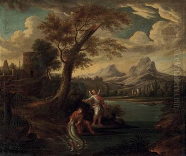 Heroische Landschaft Mit Erzengel Raphael Und Tobias Mit Dem Fisch Oil Painting by Anton Faistenberger