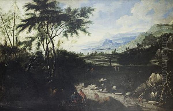 An Extensive Landscape With Falconers Resting Beside A Country Path In The Foreground, A Mountainous Coast Beyond Oil Painting by Anton Faistenberger