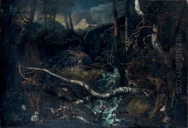 Bergers Et Renards Dans Un Paysage De Torrent En Foret Oil Painting by Anton Faistenberger