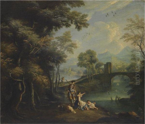 A Rocky River Landscape With Figures In The Foreground Oil Painting by Anton Faistenberger