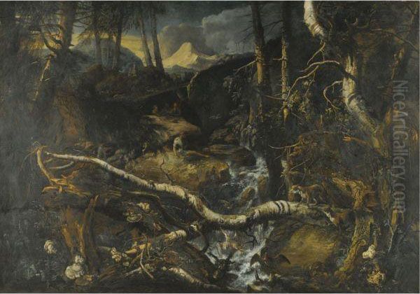 A Rocky Mountainous Landscape With A Torrent, Fishermen On The Rocks, A Fallen Birch And Two Foxes Oil Painting by Anton Faistenberger