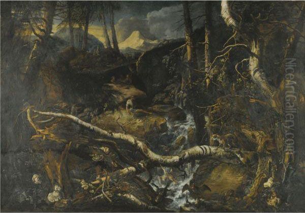 A Rocky Mountainous Landscape With A Torrent, Fishermen On Therocks, A Fallen Birch And Two Foxes Oil Painting by Anton Faistenberger