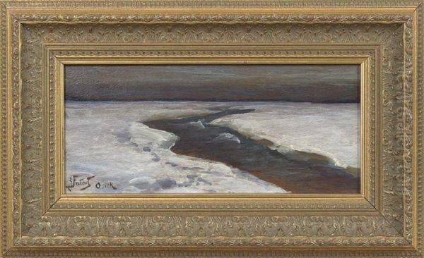 River In Winter Oil Painting by Julian Falat