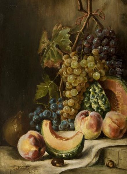 Natura Morta Con Uva, Zucca, Pesche, Castagne E Melograno Oil Painting by Giuseppe Falchetti