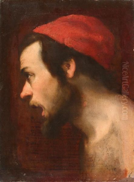 Portrait Of A Man In A Red Hood. Oil Painting by Anielo Falcone