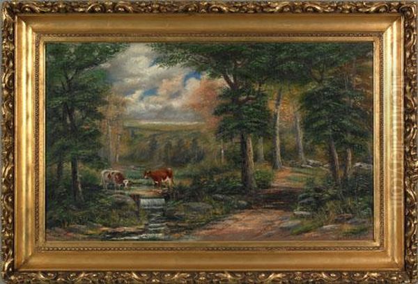 Landscape With Stream And Cows Oil Painting by George D. Falk