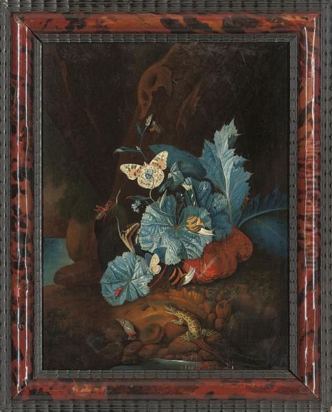 Burdock With Butterflies, Snails, A Cricket And Other Insects, Anda Lizard, In A Coastal Inlet Oil Painting by Jeremias Falk